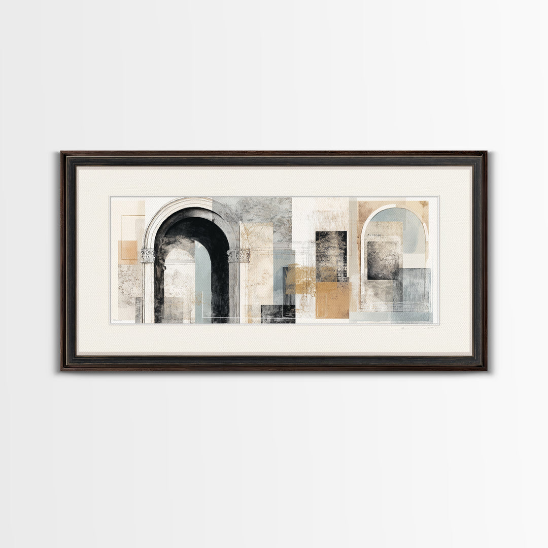 Black and White Architectural Arch Composition Framed Canvas Print, Living Room Art, Boho Decor, Living Room Decor, LIR-2x1-27