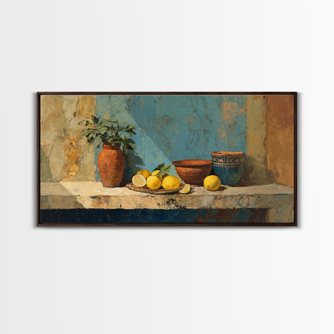 Warm Mediterranean Lemon Still Life Canvas Print, Living Room Art, Wall Art, Living Room Decor, Oil Painting, Living, LIR-2x1-62