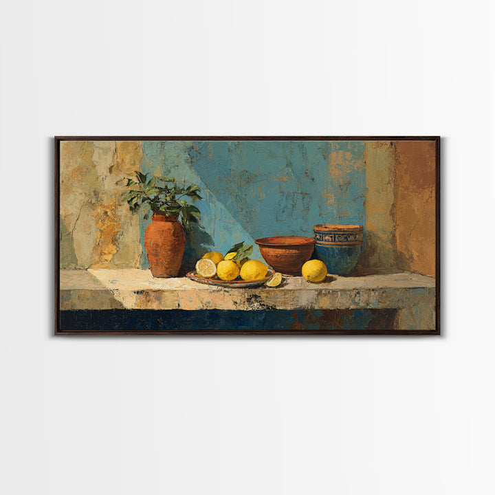 Warm Mediterranean Lemon Still Life Canvas Print, Living Room Art, Wall Art, Living Room Decor, Oil Painting, Living, LIR-2x1-62