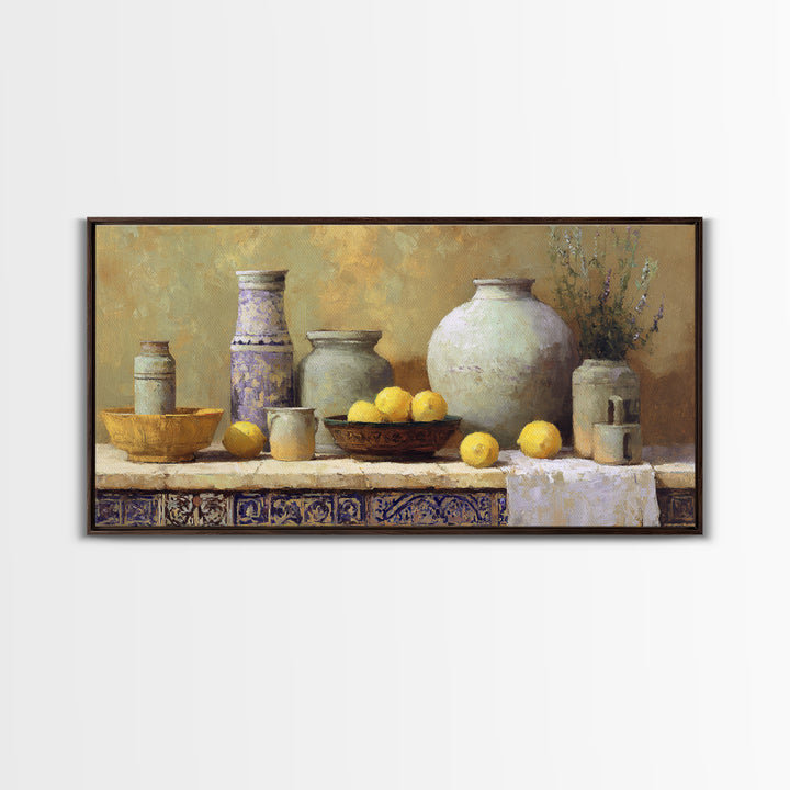 Warm Mediterranean Lemon Still Life Framed Canvas Print, Living Room Art, Art Print, Living Room Decor, Fine Art, Living, LIR-2x1-86