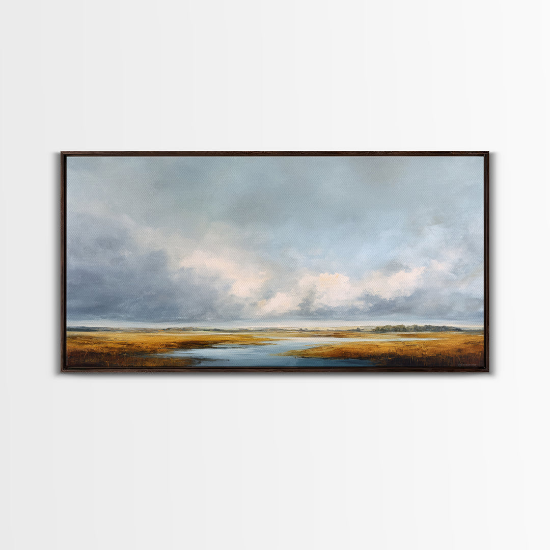 Modern Landscape with Expansive Calm Sky Framed Canvas Print, Living Room Art, Neutral Decor, Living Room Decor, Oil Painting, LIR-2x1-95
