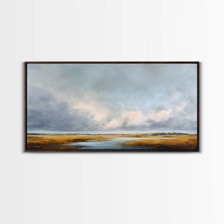 Modern Landscape with Expansive Calm Sky Framed Canvas Print, Living Room Art, Neutral Decor, Living Room Decor, Oil Painting, LIR-2x1-95