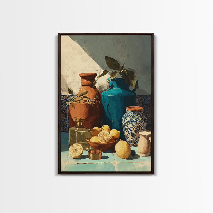 Warm Mediterranean Lemon Still Life Framed Canvas Print, Living Room Art, Living Room Decor, Watercolor Art, Living, LIR-2x3-98