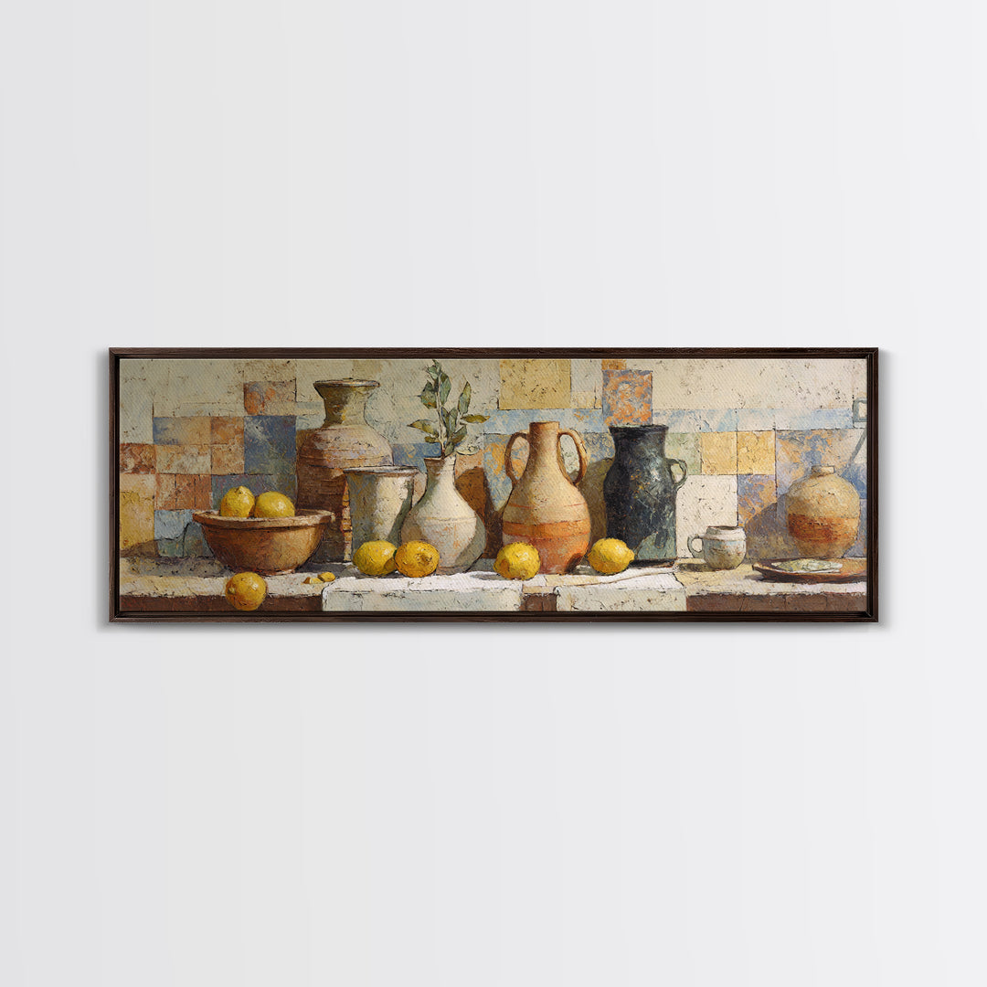Warm Mediterranean Lemon Still Life Canvas Print, Living Room Art, Oil Painting, Living Room Decor, Abstract Art, Living, LIR-3x1-34
