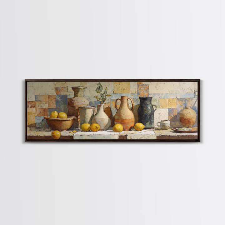 Warm Mediterranean Lemon Still Life Canvas Print, Living Room Art, Oil Painting, Living Room Decor, Abstract Art, Living, LIR-3x1-34
