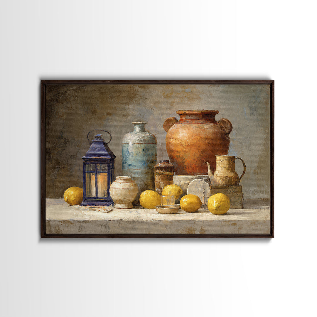 Warm Mediterranean Lemon Still Life Framed Canvas Print, Living Room Art, Printable Art, Living Room Decor, Fine Art, Living, LIR-3x2-46