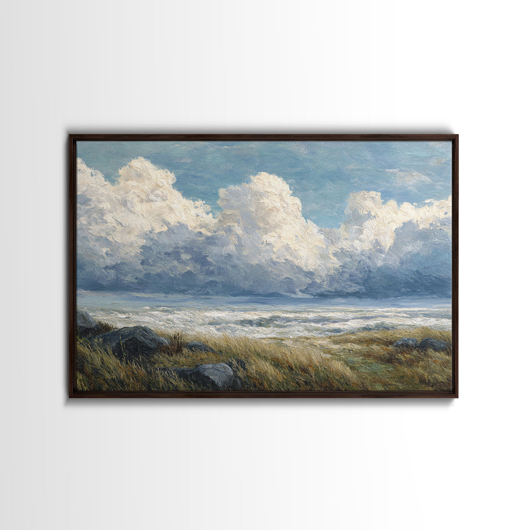 Large Cloudscape with Gentle Movement Framed Canvas Print, Living Room Art, 3 Piece Wall Art, Living Room Decor, Watercolor Art, LIR-3x2-71