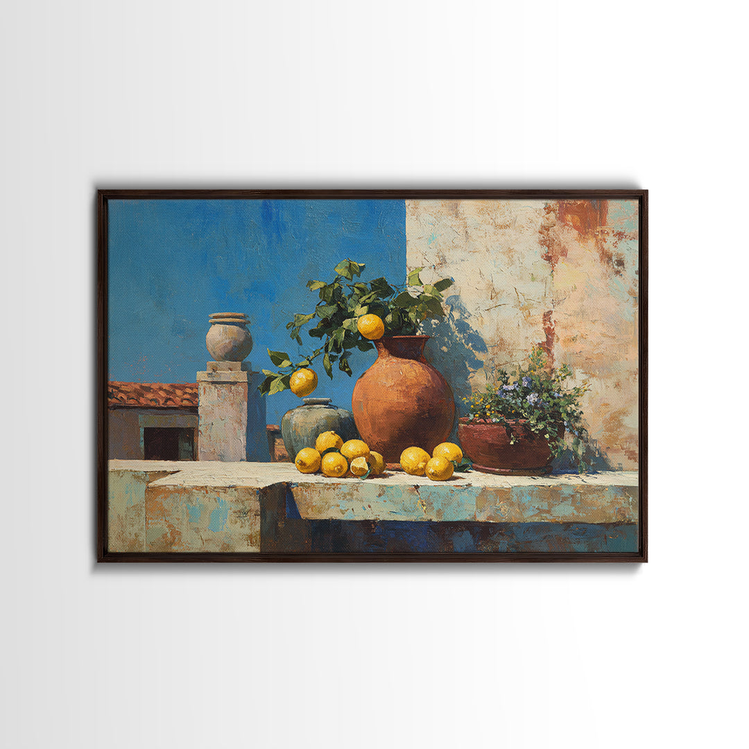 Warm Mediterranean Lemon Still Life Canvas Print, Living Room Art, Dopamine Decor, Living Room Decor, Abstract Art, Living, LIR-3x2-94