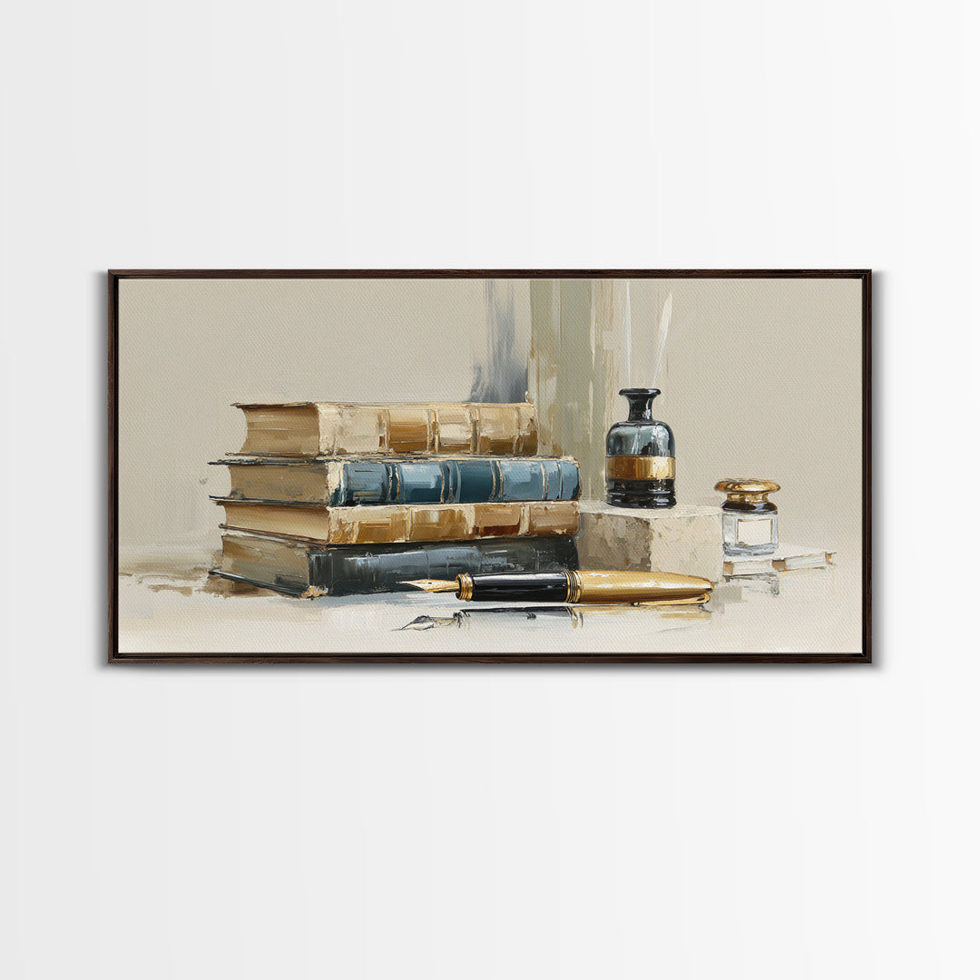 Dignified Law Books and Fountain Pen Still Canvas Print, Law Office Art, Minimalist Decor, Office Decor, Fine Art, Counsel, LOA-2x1-70