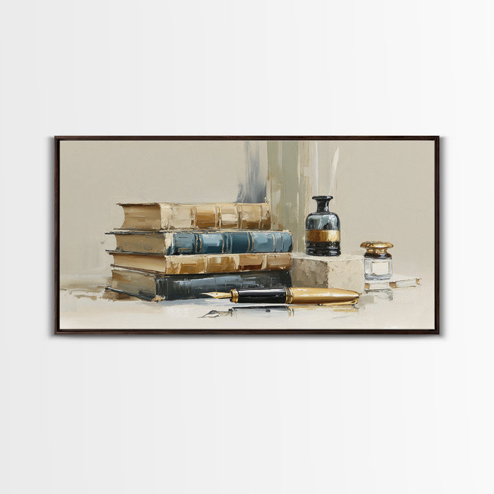 Dignified Law Books and Fountain Pen Still Canvas Print, Law Office Art, Minimalist Decor, Office Decor, Fine Art, Counsel, LOA-2x1-70