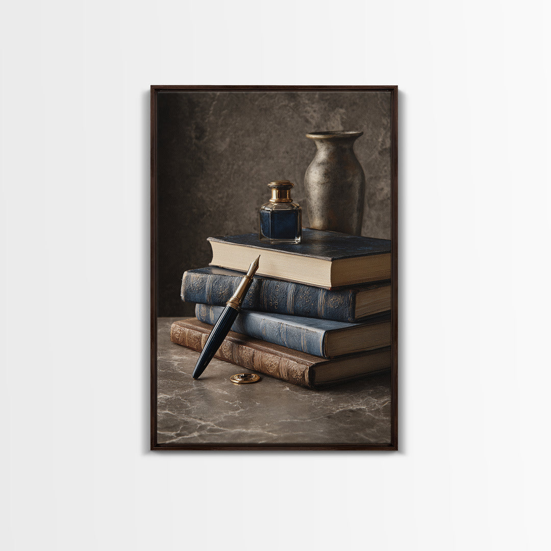 Dignified Law Books and Fountain Pen Still Framed Canvas Print, Law Office Art, Luxury Decor, Office Decor, Fine Art, Counsel, LOA-2x3-34