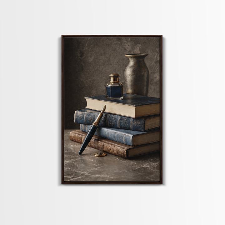 Dignified Law Books and Fountain Pen Still Framed Canvas Print, Law Office Art, Luxury Decor, Office Decor, Fine Art, Counsel, LOA-2x3-34