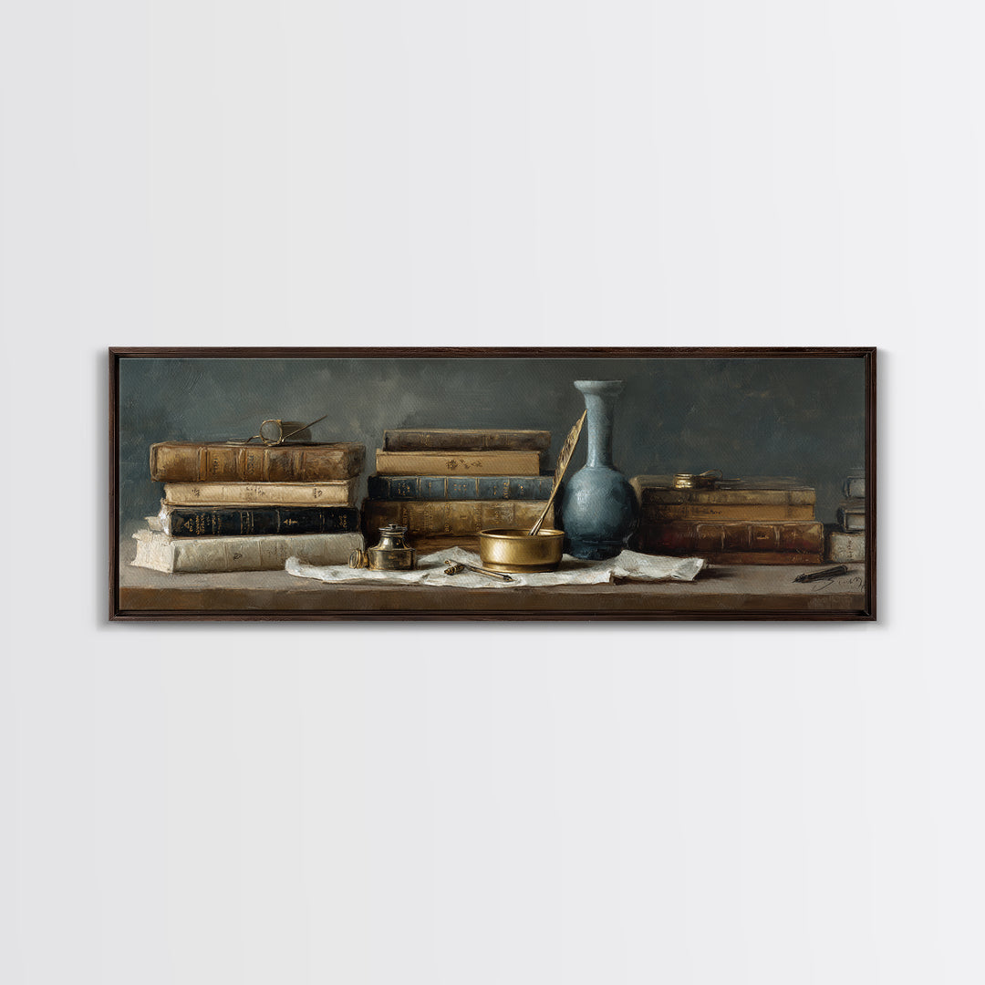 Dignified Law Books and Fountain Pen Still Framed Canvas Print, Law Office Art, Bookish Wall Art, Office Decor, Counsel, LOA-3x1-90