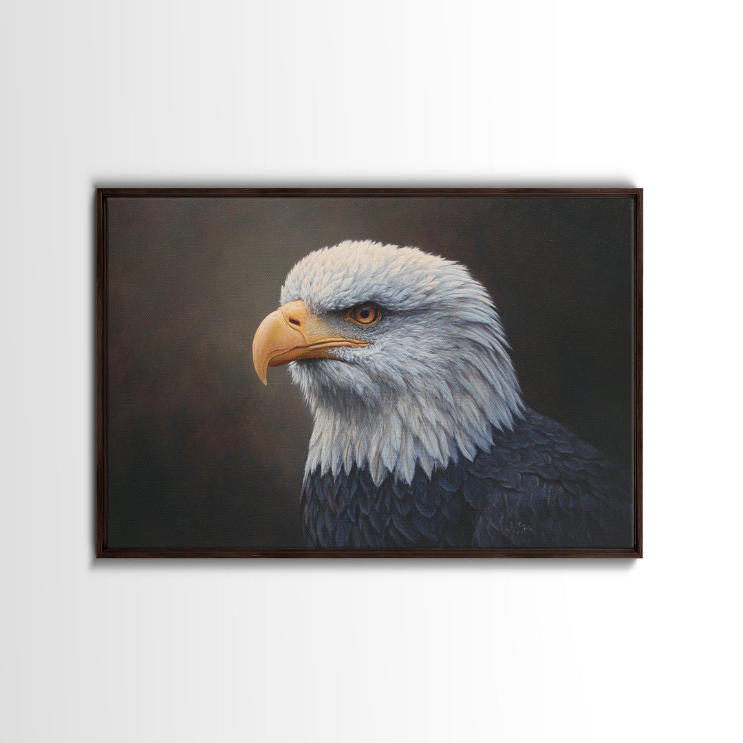 Eagle Portrait with Solemn Presence Framed Canvas Print, Law Office Art, Office Decor, Fine Art, Counsel, Therapy Office Decor, LOA-3x2-10