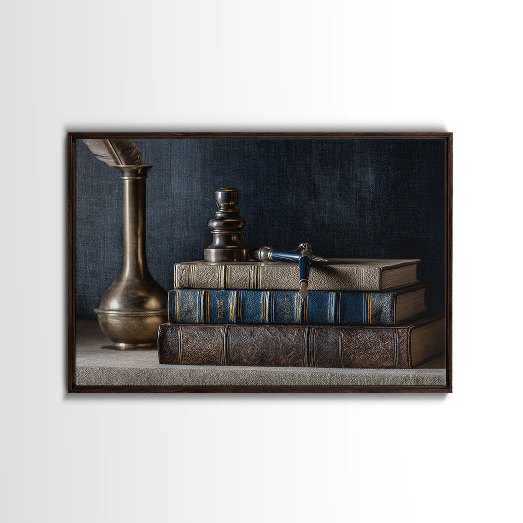 Dignified Law Books and Fountain Pen Still Framed Canvas Print, Law Office Art, Printable, Office Decor, Fine Art, Counsel, LOA-3x2-6