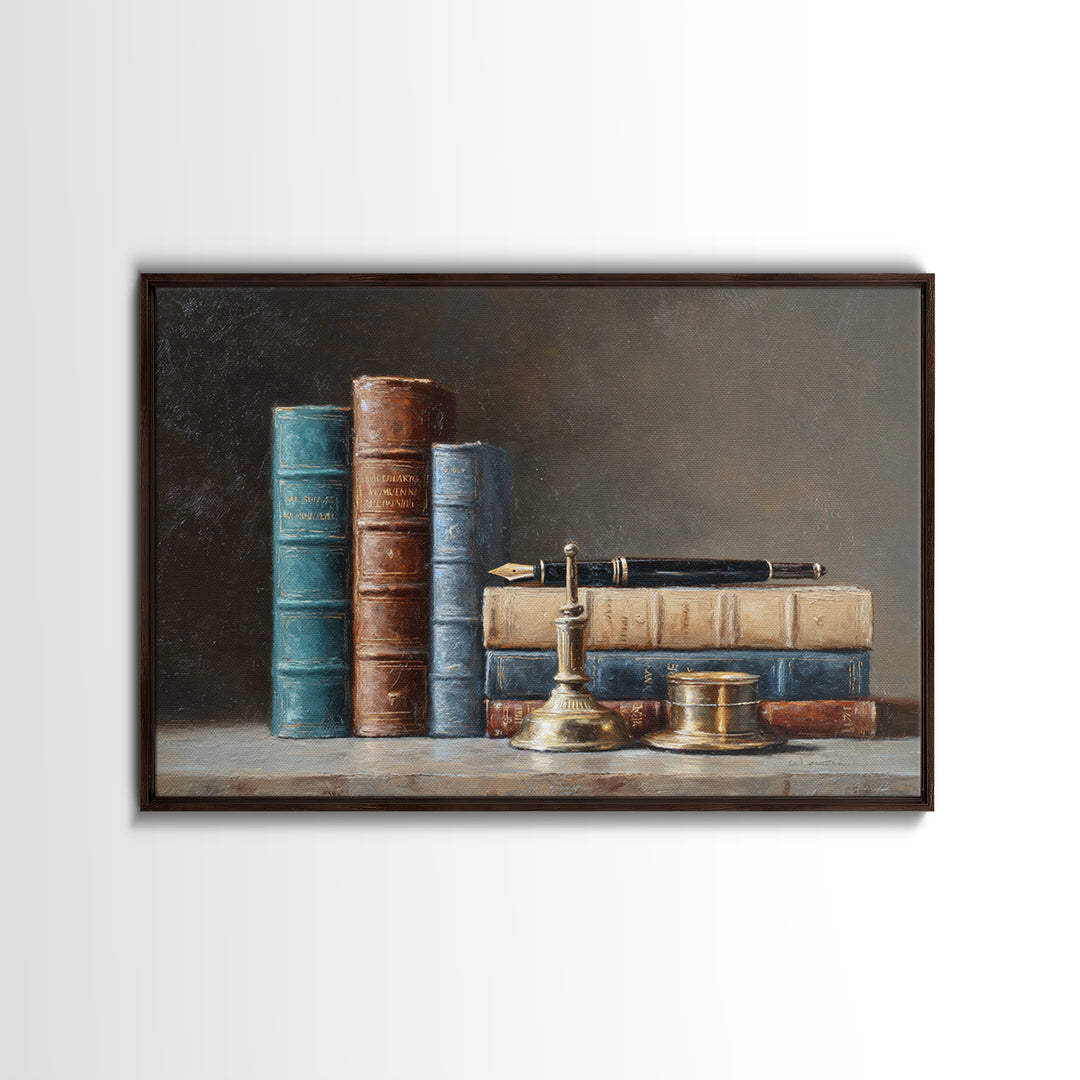 Dignified Law Books and Fountain Pen Still Framed Canvas Print, Law Office Art, Gifts for Lawyers, Office Decor, Counsel, LOA-3x2-78