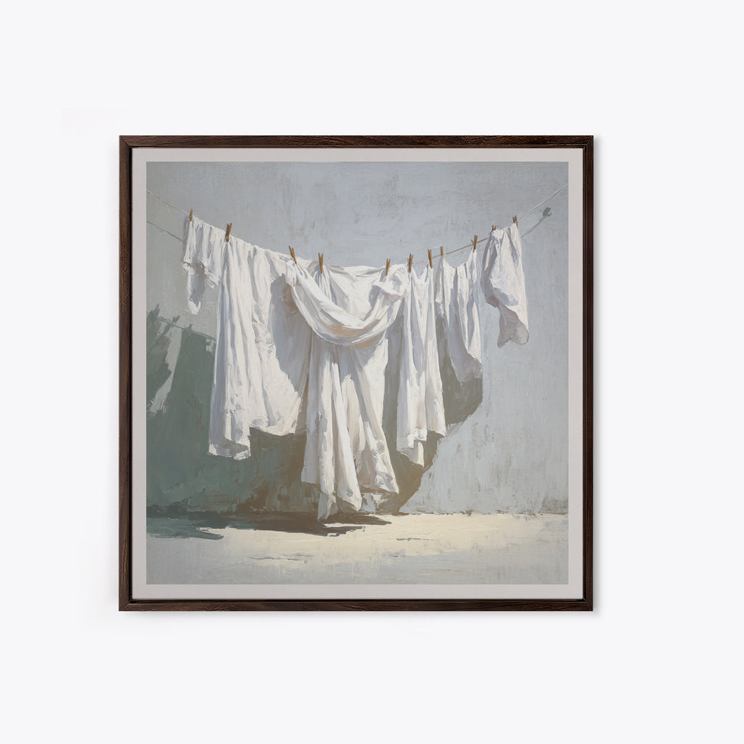 Clothesline with White Linens Blowing in Sunshine Canvas Print, Laundry Room Art, Rustic Home Decor, Living Room Decor, Clean, LRA-1x1-1