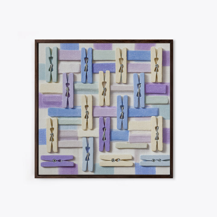 Cheerful Clothespins Arranged as Pattern Framed Canvas Print, Laundry Room Art, Funny Poster, Living Room Decor, Watercolor Art, LRA-1x1-100