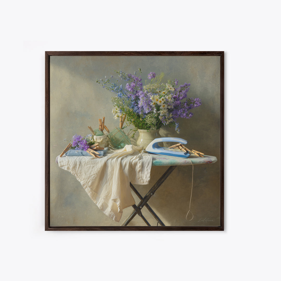 Ironing Board Still Life Framed Canvas Print, Laundry Room Art, Downloadable Art, Living Room Decor, Watercolor Art, Clean, LRA-1x1-24