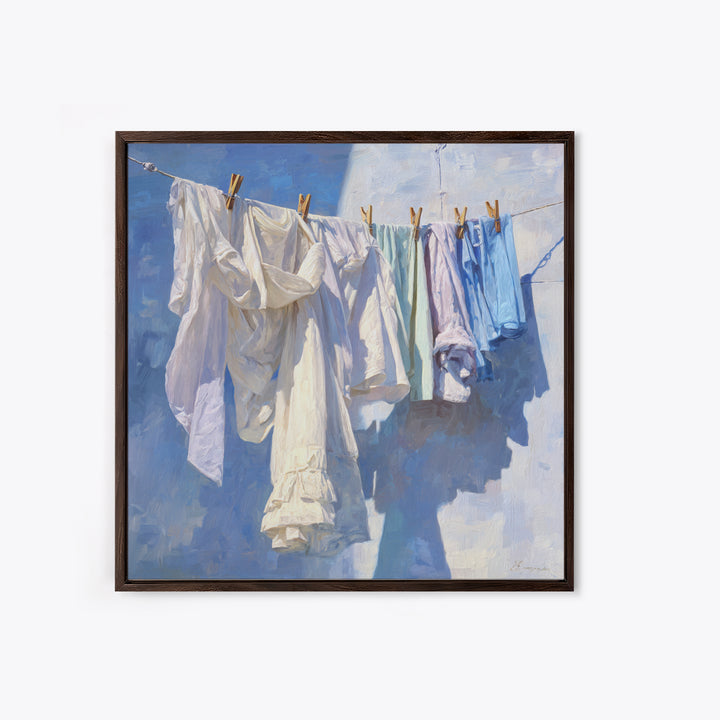 Clothesline with White Linens Blowing in Sunshine Canvas Print, Laundry Room Art, Modern Decor, Living Room Decor, Abstract Art, LRA-1x1-25