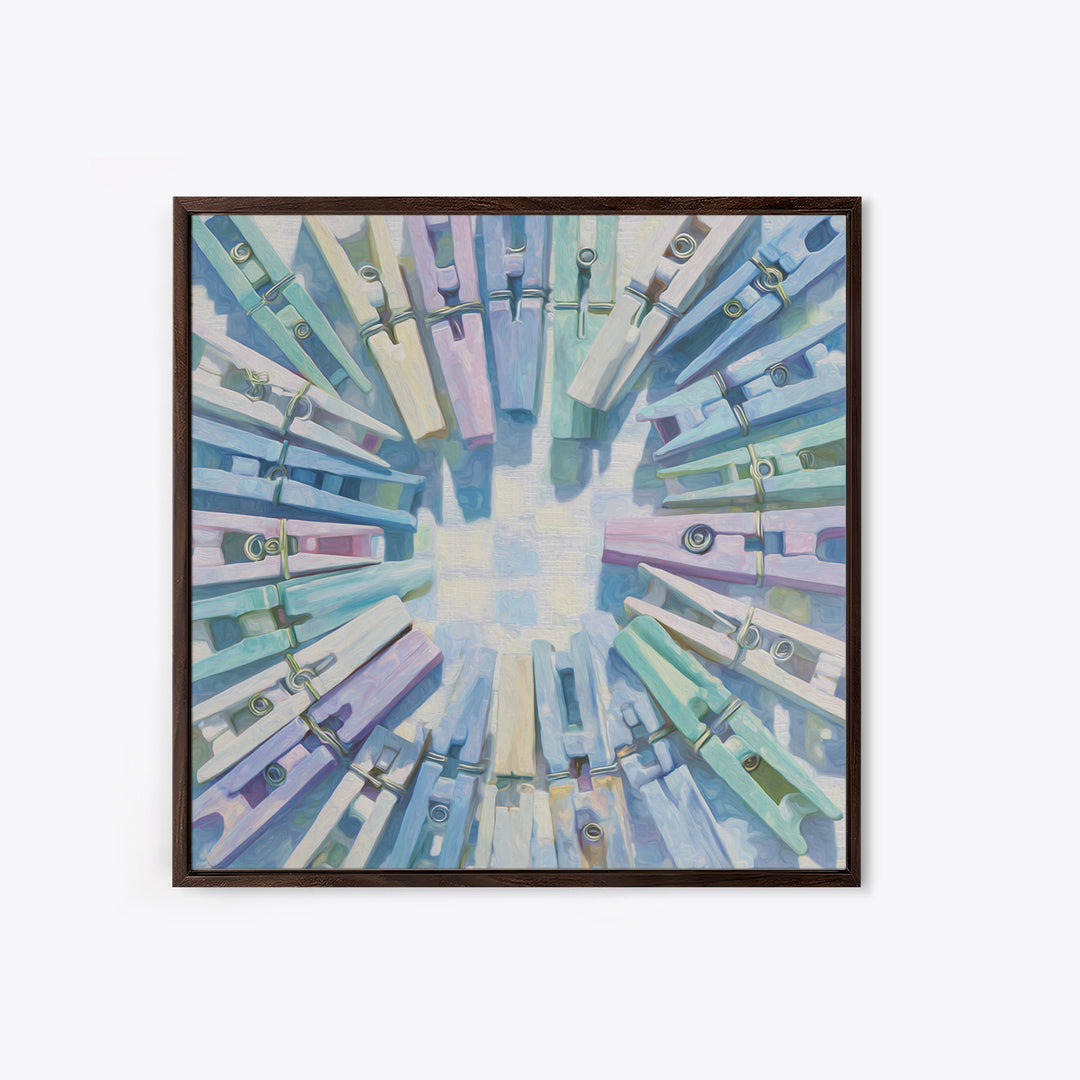 Cheerful Clothespins Arranged as Pattern Framed Canvas Print, Laundry Room Art, Artwork, Living Room Decor, Oil Painting, Clean, LRA-1x1-28