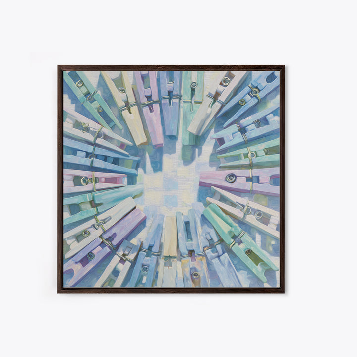 Cheerful Clothespins Arranged as Pattern Framed Canvas Print, Laundry Room Art, Artwork, Living Room Decor, Oil Painting, Clean, LRA-1x1-28