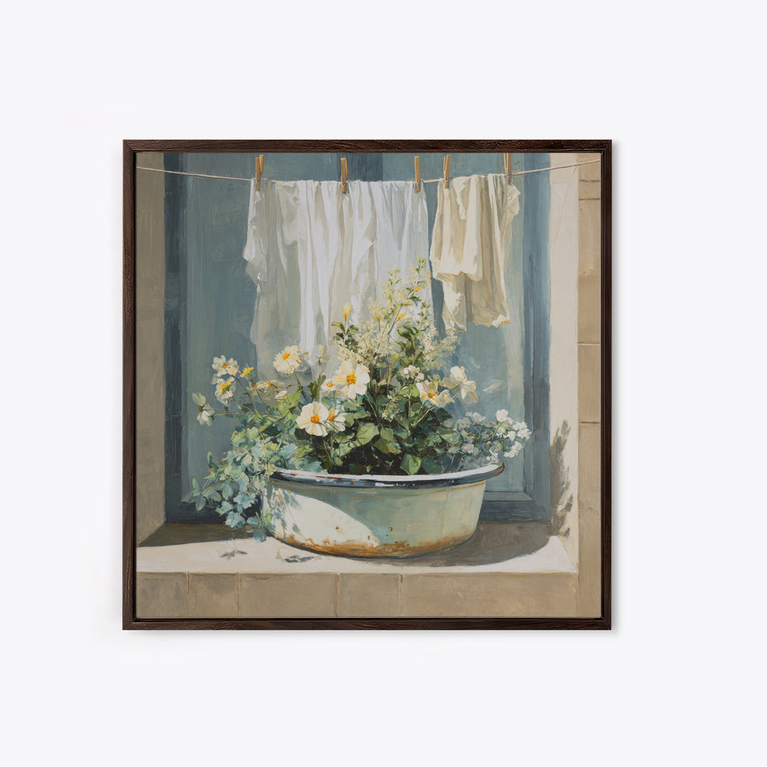 Old Enamel Basin Filled Framed Canvas Print, Laundry Room Art, Gallery Decor, Living Room Decor, Fine Art, Clean, LRA-1x1-32