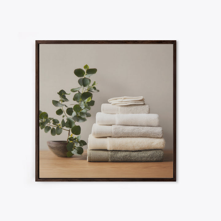 Sunlit White Towels and Eucalyptus Branch Canvas Print, Laundry Room Art, Farmhouse Wall Decor, Living Room Decor, LRA-1x1-35