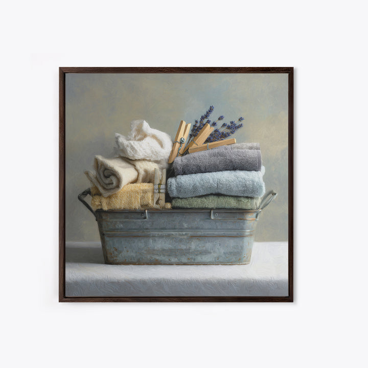 Basket of Folded Towels Framed Canvas Print, Laundry Room Art, Rustic Home Decor, Living Room Decor, Fine Art, Clean, LRA-1x1-38