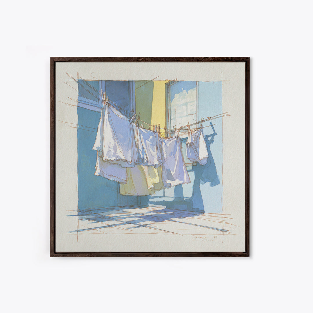 Simple Line Drawing of Hanging Laundry Framed Canvas Print, Laundry Room Art, Art Print, Living Room Decor, Abstract Art, Clean, LRA-1x1-40