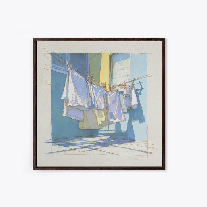 Simple Line Drawing of Hanging Laundry Framed Canvas Print, Laundry Room Art, Art Print, Living Room Decor, Abstract Art, Clean, LRA-1x1-40