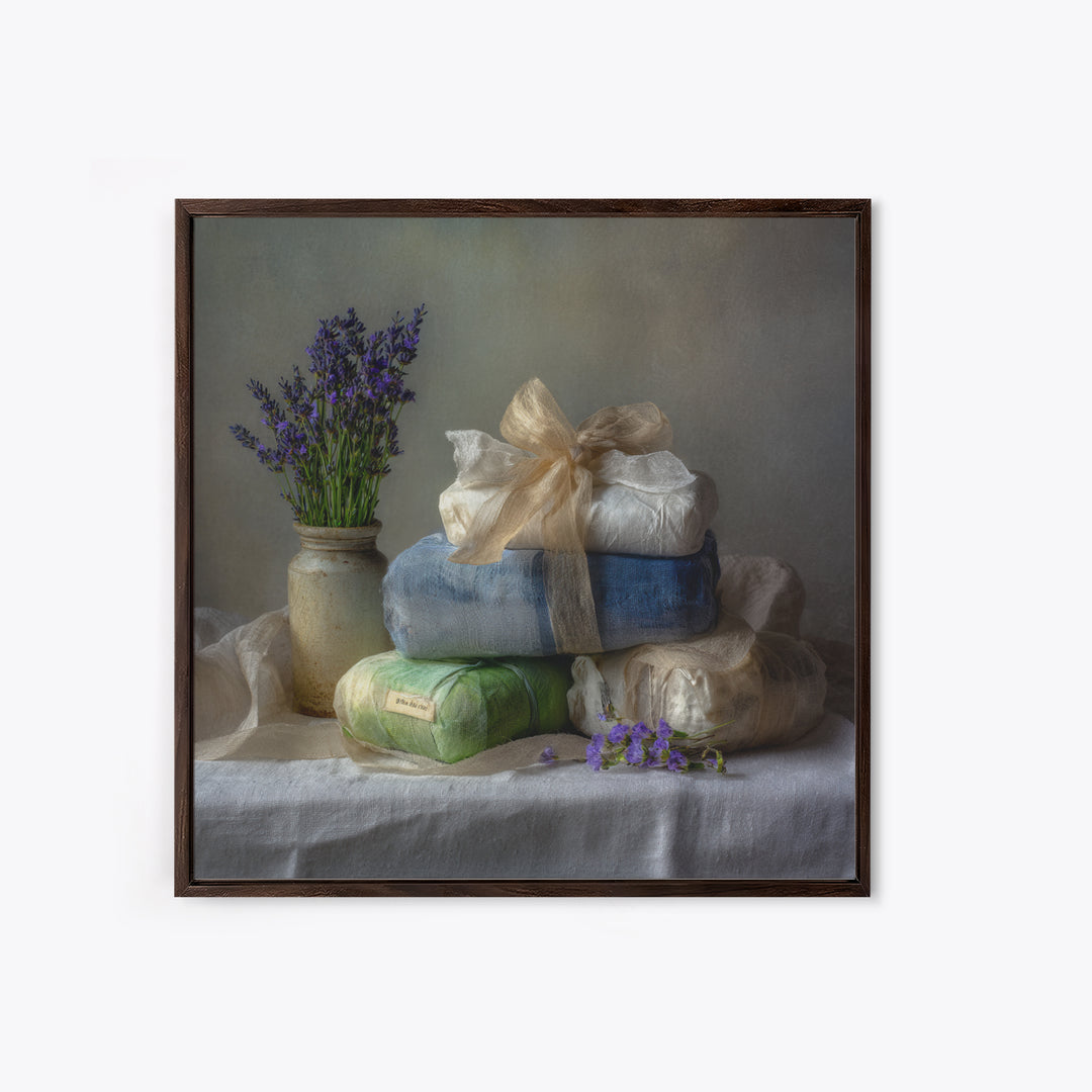 Lavender Sachet and Ribbon Still Life Framed Canvas Print, Laundry Room Art, Gallery Decor, Living Room Decor, Fine Art, Clean, LRA-1x1-41