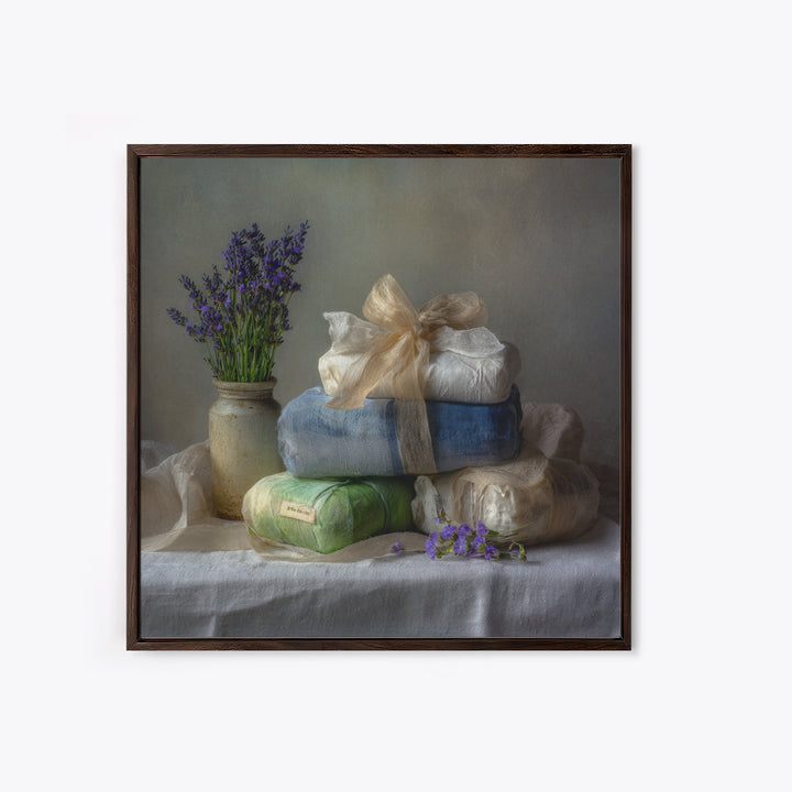Lavender Sachet and Ribbon Still Life Framed Canvas Print, Laundry Room Art, Gallery Decor, Living Room Decor, Fine Art, Clean, LRA-1x1-41