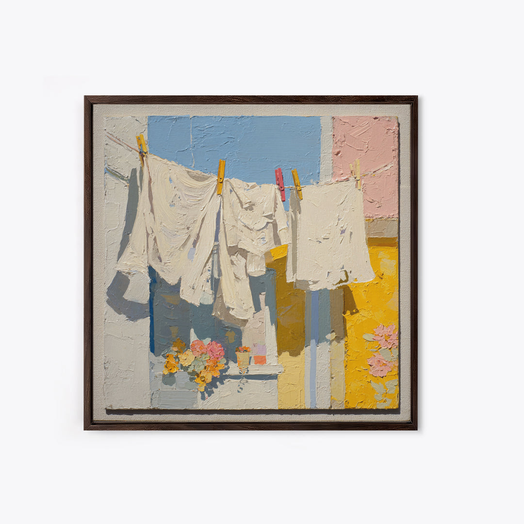 Clothesline with White Linens Blowing in Sunshine Canvas Print, Laundry Room Art, Modern Decor, Living Room Decor, Abstract Art, LRA-1x1-49