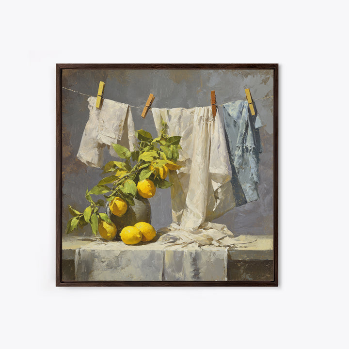 Lemon and Clean Linen Still Life Framed Canvas Print, Laundry Room Art, Rustic Home Decor, Living Room Decor, Abstract Art, LRA-1x1-51