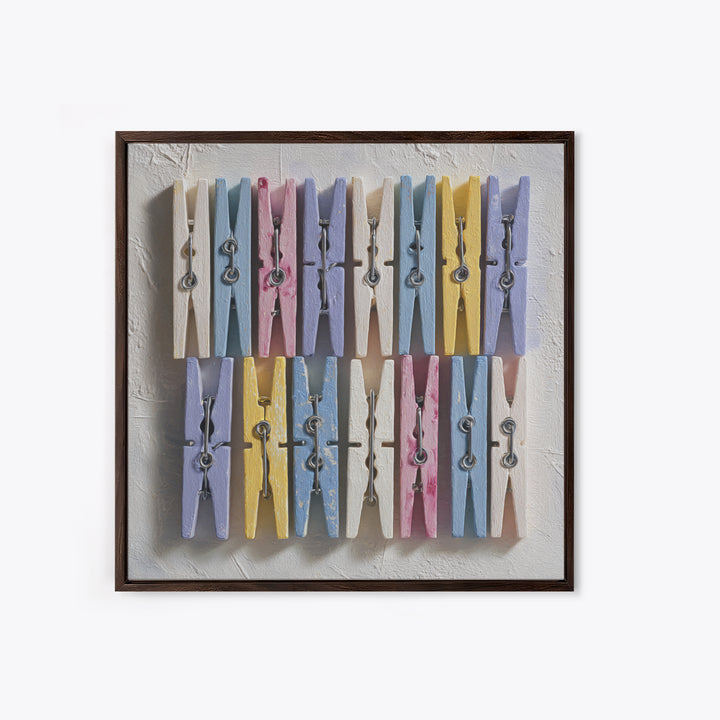 Cheerful Clothespins Arranged as Pattern Framed Canvas Print, Laundry Room Art, Laundry Room Decor, Living Room Decor, Clean, LRA-1x1-52