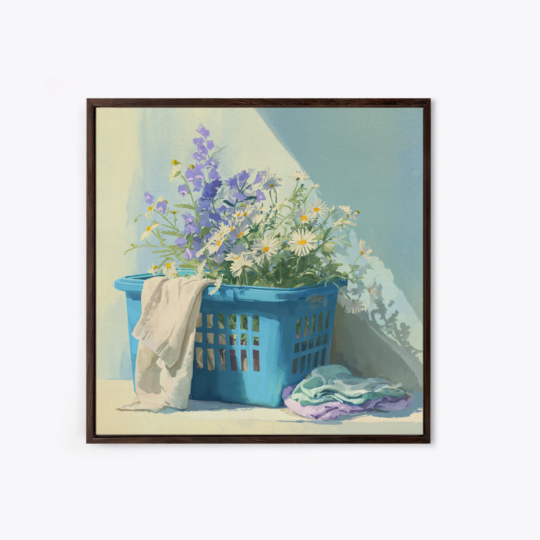 Blue Laundry Basket Framed Canvas Print, Laundry Room Art, Fine Art Print, Living Room Decor, Fine Art, Clean, Painting, LRA-1x1-53