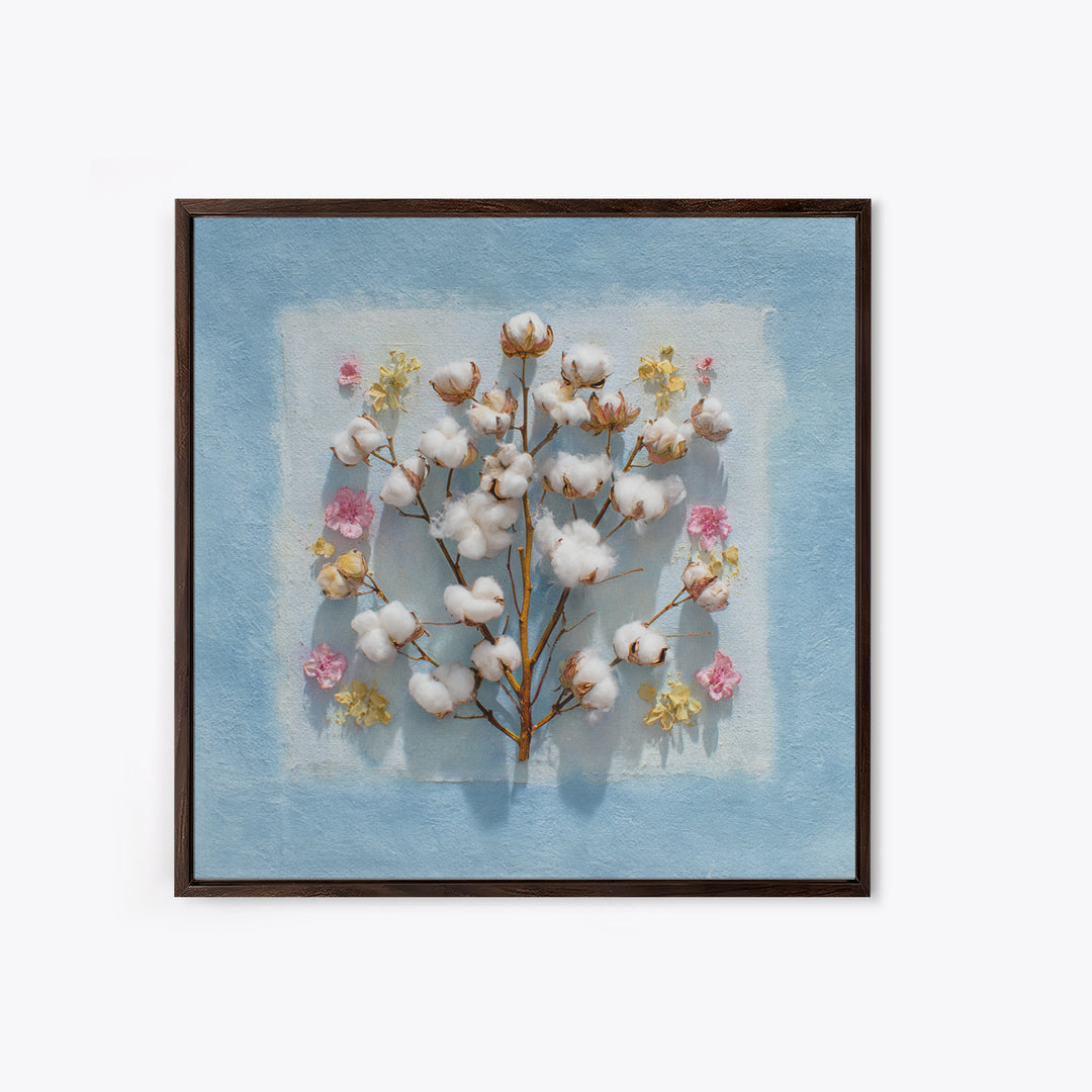 Fresh Cotton Branch Botanical Study Canvas Print, Laundry Room Art, Apartment Wall Art, Living Room Decor, Fine Art, Clean, LRA-1x1-55