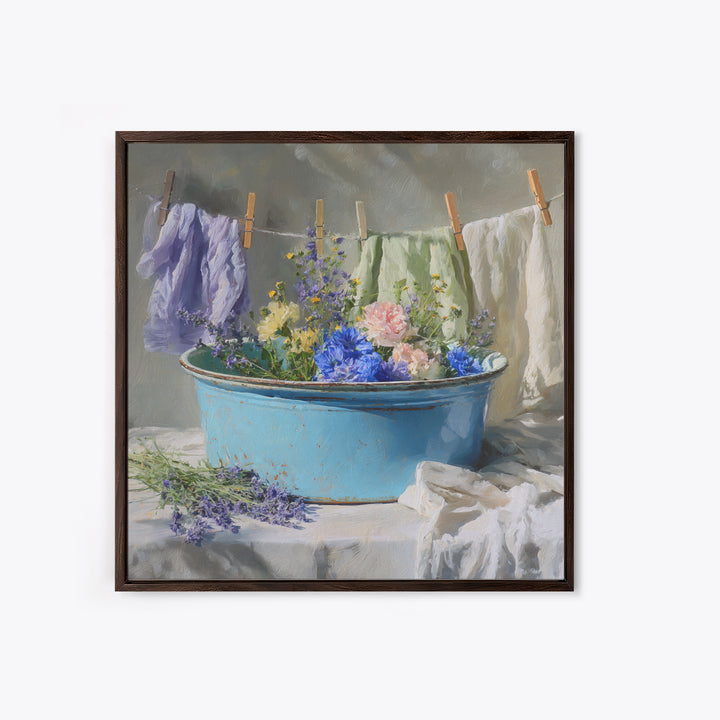 Old Enamel Basin Filled Framed Canvas Print, Laundry Room Art, Printable Art, Living Room Decor, Fine Art, Clean, Whimsical Art, LRA-1x1-56
