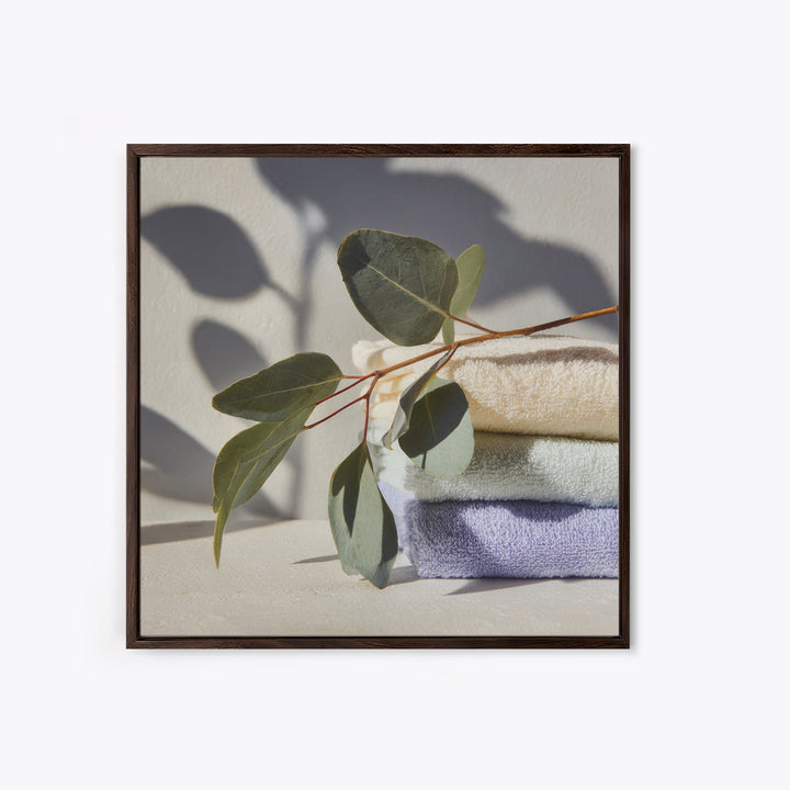 Sunlit White Towels and Eucalyptus Branch Canvas Print, Laundry Room Art, Digital Art Print, Living Room Decor, Fine Art, Clean, LRA-1x1-59