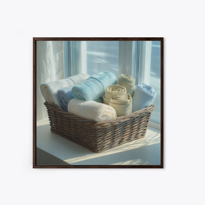 Basket of Folded Towels Framed Canvas Print, Laundry Room Art, Rustic Home Decor, Living Room Decor, Fine Art, Clean, LRA-1x1-62