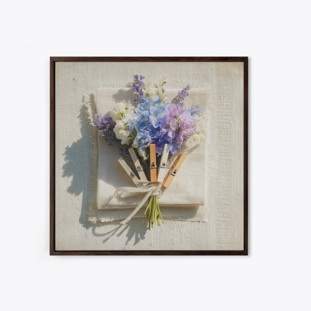 Clothespin Bouquet in Folk Art Style Framed Canvas Print, Laundry Room Art, Whimsical Art, Living Room Decor, Fine Art, Clean, LRA-1x1-68