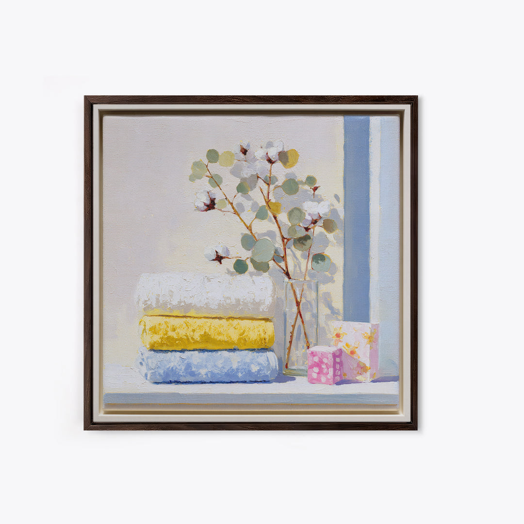 Sunlit White Towels and Eucalyptus Branch Canvas Print, Laundry Room Art, Statement Artwork, Living Room Decor, Clean, LRA-1x1-83
