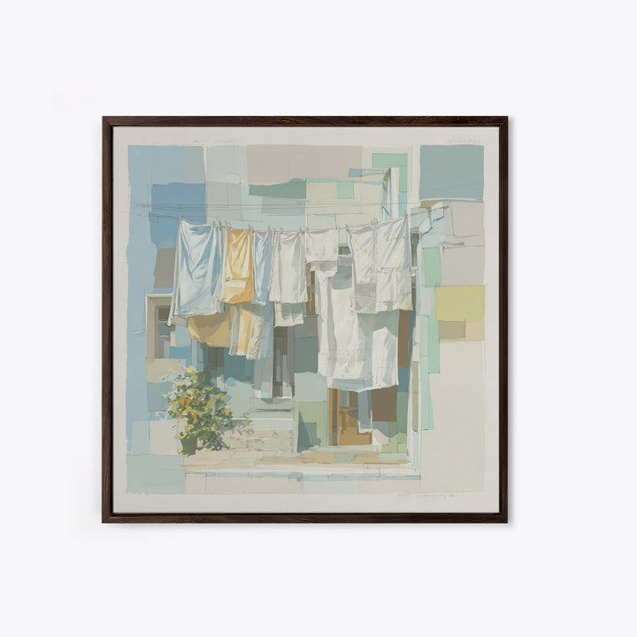 Simple Line Drawing of Hanging Laundry Framed Canvas Print, Laundry Room Art, Textured Painting, Living Room Decor, Clean, LRA-1x1-88