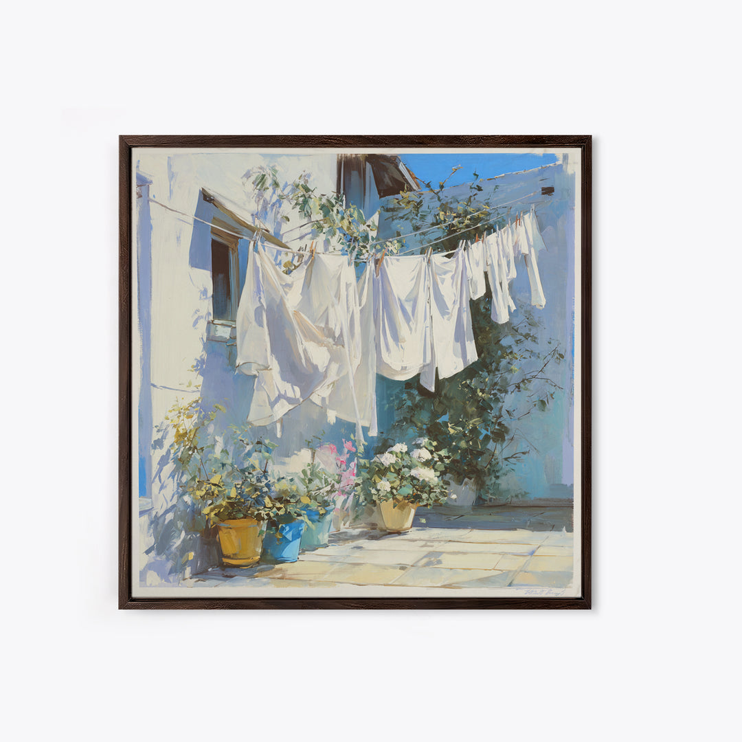 Clothesline with White Linens Blowing in Sunshine Canvas Print, Laundry Room Art, Home Decor, Living Room Decor, Clean, LRA-1x1-97