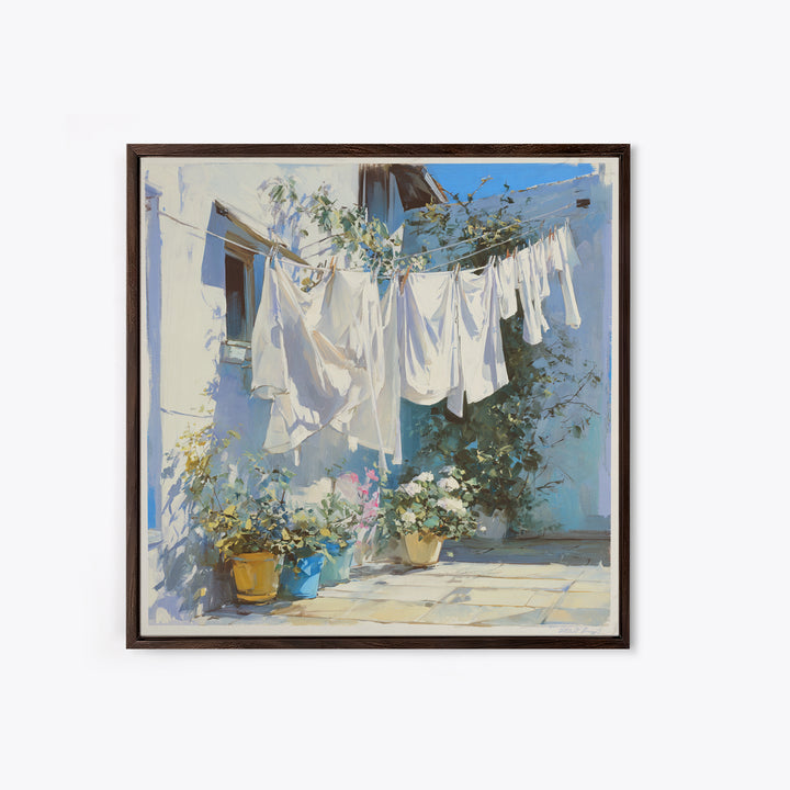Clothesline with White Linens Blowing in Sunshine Canvas Print, Laundry Room Art, Home Decor, Living Room Decor, Clean, LRA-1x1-97
