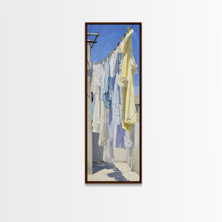 Clothesline with White Linens Blowing in Sunshine Canvas Print, Laundry Room Art, Statement Artwork, Living Room Decor, Clean, LRA-1x3-13