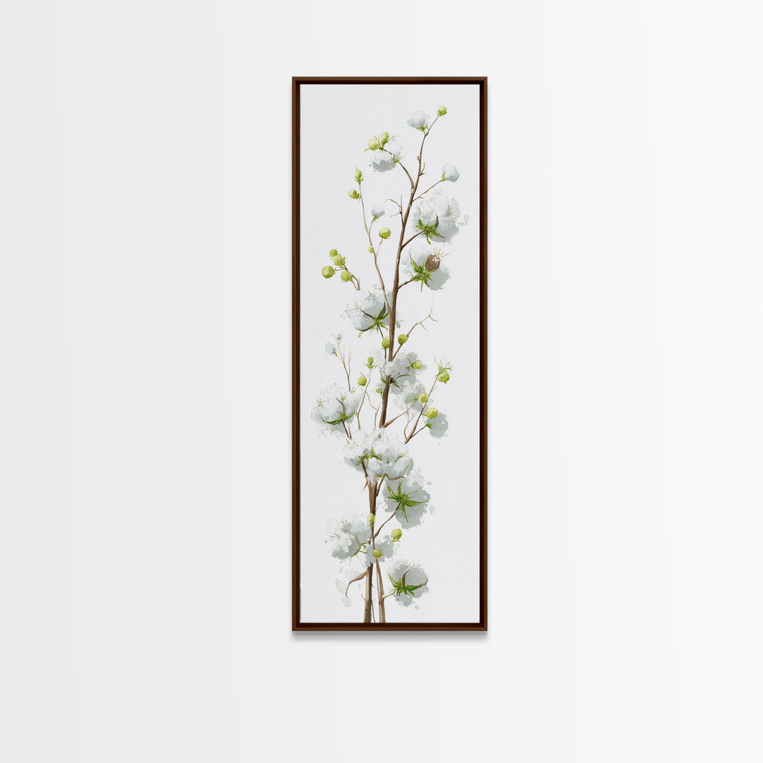 Fresh Cotton Branch Botanical Study Framed Canvas Print, Laundry Room Art, Painting, Living Room Decor, Oil Painting, Clean, LRA-1x3-19