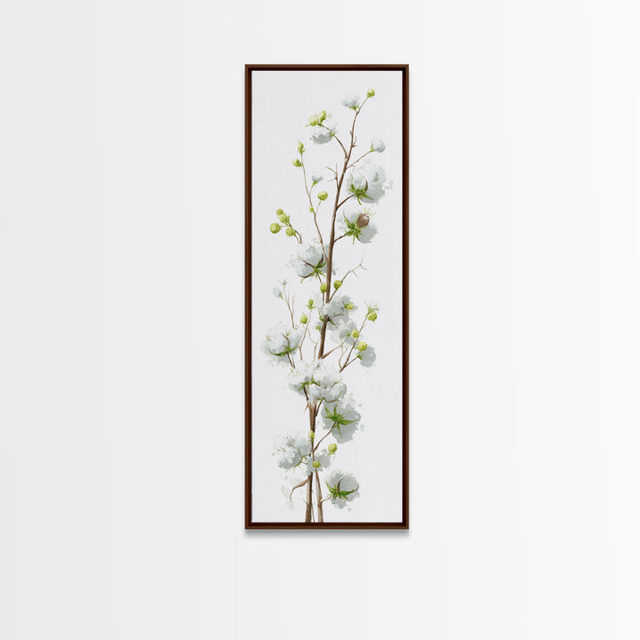 Fresh Cotton Branch Botanical Study Framed Canvas Print, Laundry Room Art, Painting, Living Room Decor, Oil Painting, Clean, LRA-1x3-19