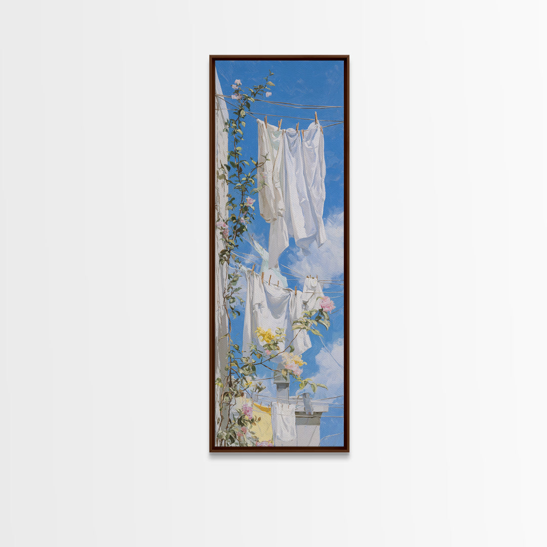 Clothesline with White Linens Blowing in Sunshine Canvas Print, Laundry Room Art, Statement Artwork, Living Room Decor, Clean, LRA-1x3-37